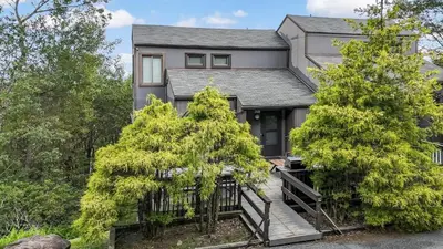 a house with two trees in front of it at The Best Views From Camelback in Tannersville