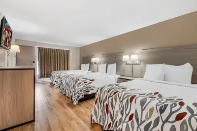 a hotel room with two beds and a television at Red Roof Inn Stroudsburg in Stroudsburg