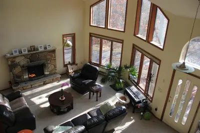 an overhead view of a living room with a fireplace at Big House On The Hill in East Stroudsburg