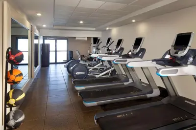 a gym with rows of treadmills and ellipticals at Embassy Suites by Hilton Philadelphia Airport in Philadelphia