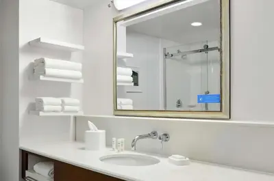 a bathroom with a sink and a mirror at Hampton Inn Philadelphia/King of Prussia - Valley Forge in King of Prussia