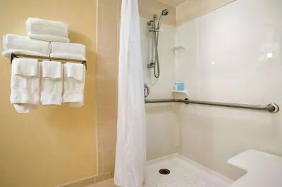 a bathroom with a shower and a sink and towels at Hilton East Brunswick in East Brunswick