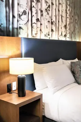 a bedroom with a bed with a lamp and a table at The Alder in Monticello