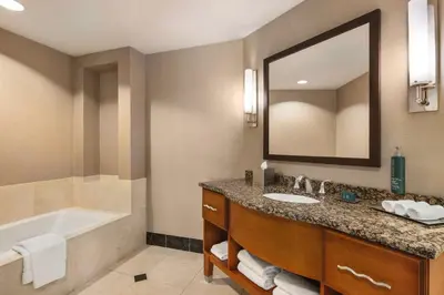 a bathroom with a sink and a tub and a mirror at Hilton Philadelphia City Avenue in Philadelphia