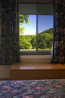 a bedroom with a window with a view of a mountain at Appalachian Motel in Vernon