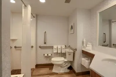 a bathroom with a toilet and a sink at Hampton Inn Harrisburg-East/Hershey in Harrisburg