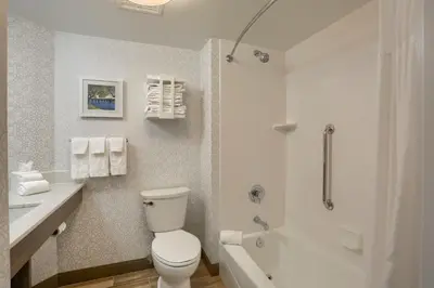 a bathroom with a toilet and a tub and a sink at Hampton Inn Harrisburg-East/Hershey in Harrisburg