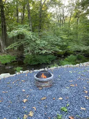 a fire pit in the middle of a forest at Secluded Greekside Cabin near Camelback in Tannersville