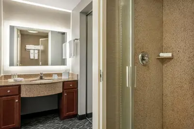a bathroom with a sink and a shower with a mirror at Homewood Suites by Hilton Harrisburg East-Hershey Area in Harrisburg