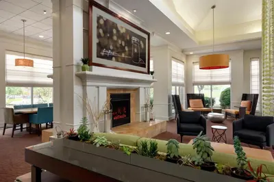 a living room with a fireplace and a couch at Hilton Garden Inn Harrisburg East in Harrisburg