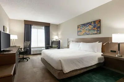a hotel room with a bed and a desk and a television at Hilton Garden Inn Harrisburg East in Harrisburg