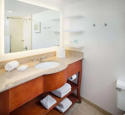 a bathroom with a sink and a large mirror at Hampton Inn Parsippany in Parsippany