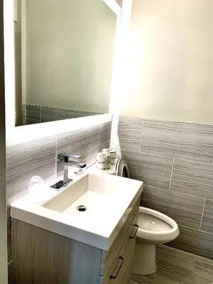 a bathroom with a sink and a toilet and a mirror at Tappan Zee Hotel in West Nyack