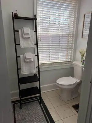 a bathroom with a towel rack and a toilet at The Lily Inn - Burlington in Burlington