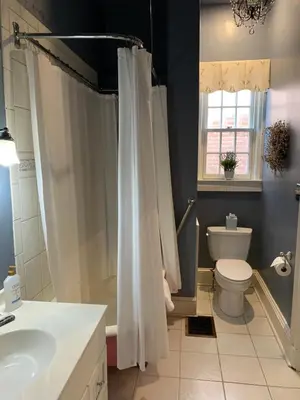 a bathroom with a shower curtain and a toilet at The Lily Inn - Burlington in Burlington