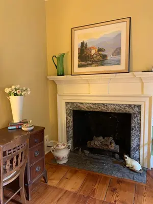 a living room with a fireplace with a painting above it at The Lily Inn - Burlington in Burlington