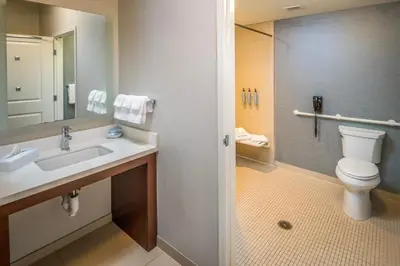 a bathroom with a sink and a toilet and a mirror at Residence Inn by Marriott Williamsport in Williamsport