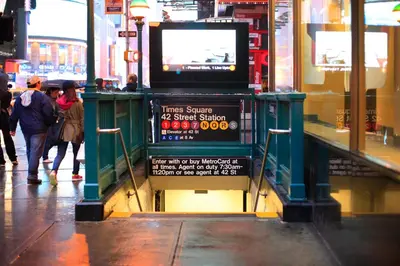 a street sign in a city with people walking down a sidewalk at TIME SQUARE 42nd Street Private Room in New York