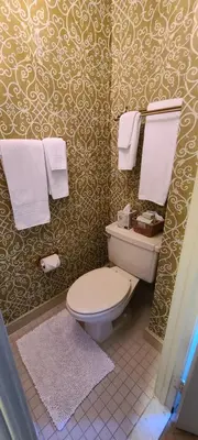 a bathroom with a toilet and towels on the wall at General Warren in Malvern