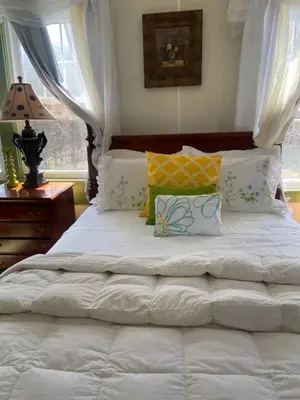 a bedroom with a large white bed with pillows at Elegantly English Catskills in Liberty