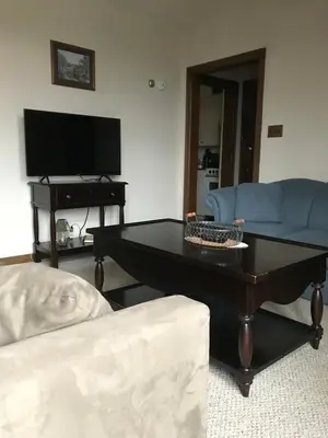 a living room with a couch and a coffee table at Mill Stone - Mt Penn Lodging in Mount Penn