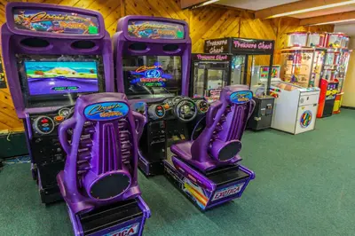 two video game machines with purple controllers in a store at Tanglwood Resort in Hawley