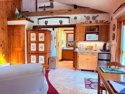 a kitchen with wooden cabinets and a white couch in a room at HIllside Farm B & B in Mount Joy