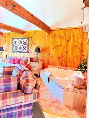 a living room with a bed and a bath tub at HIllside Farm B & B in Mount Joy