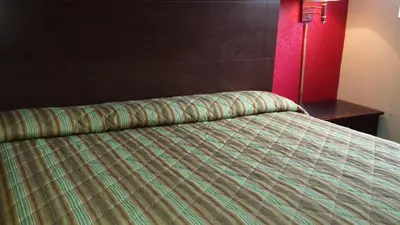 a bed with a green and brown comforter in a room at Hallmark Motel in Cinnaminson