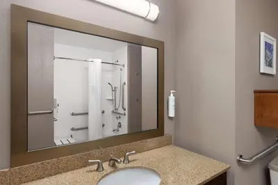 a bathroom with a sink and a large mirror at Hampton Inn & Suites Harrisburg in Harrisburg