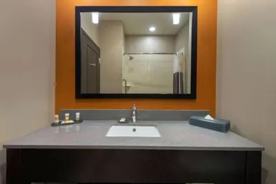 a bathroom counter with a sink and a mirror at La Quinta by Wyndham Harrisburg-Hershey in Harrisburg