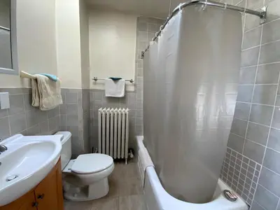 a bathroom with a toilet and a shower and a sink at Fort Pl B&B and Gallery in Staten Island