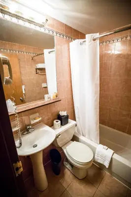 a bathroom with a toilet and a sink and a tub at The Belvedere Hotel in New York