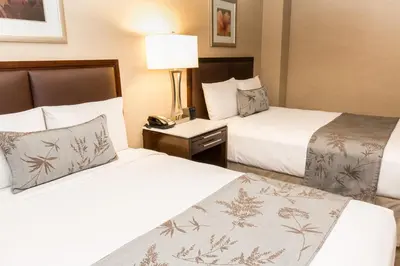 a hotel room with two beds and a lamp at The Belvedere Hotel in New York