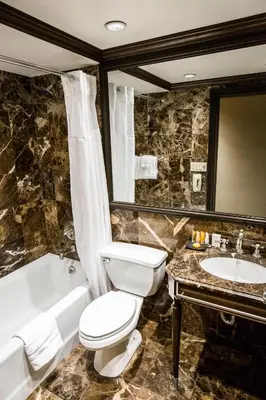 a bathroom with a toilet and a tub and a sink at The Belvedere Hotel in New York