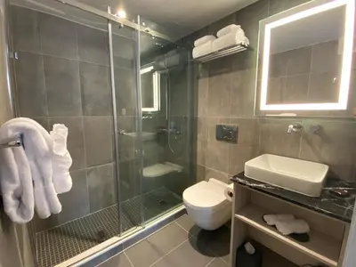 a bathroom with a shower and a toilet and a sink at Wingate by Wyndham New York Midtown South/5th Ave in New York