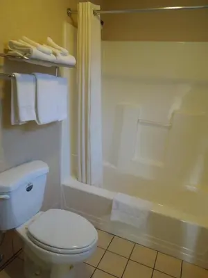 a bathroom with a white toilet and a shower at Value Inn East Stroudsburg in Marshalls Creek