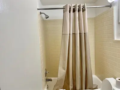 a bathroom with a shower curtain and a toilet at Scottish Inns and Suites- Bordentown, NJ in Bordentown