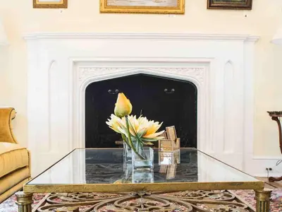 a vase of flowers on a glass table in front of a fireplace at The Manor on Front in Harrisburg
