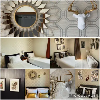 a collage of pictures of a hotel room with beds and a mirror at Hotel Mimosa in New York