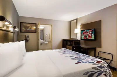 a hotel room with a large bed and a desk at Red Roof Inn Wilkes-Barre Arena in Wilkes-Barre