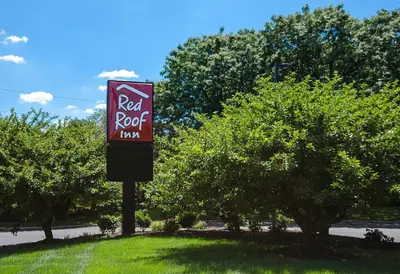 a red roof sign in the grass next to trees at Red Roof Inn Philadelphia - Trevose in Trevose