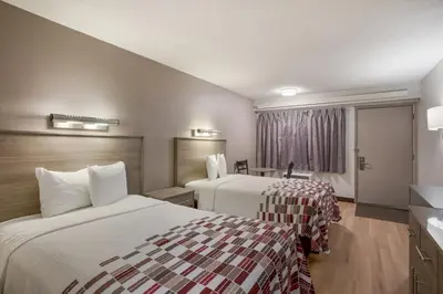 a hotel room with two beds and a window at Red Roof Inn Philadelphia - Trevose in Trevose