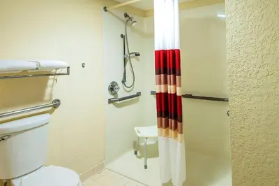 a bathroom with a toilet and a shower at Red Roof Inn Philadelphia - Trevose in Trevose