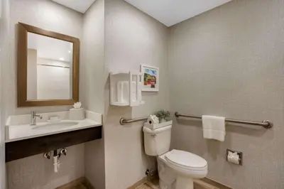 a bathroom with a toilet and a sink and a mirror at Hampton Inn Philadelphia/Willow Grove in Willow Grove