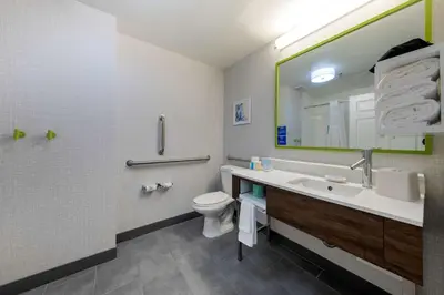 a bathroom with a sink and a toilet and a mirror at Hampton Inn Swedesboro Philadelphia in Swedesboro
