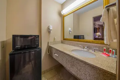 a bathroom with a sink and a microwave at Econo Lodge Mount Laurel - Philadelphia East in Mount Laurel