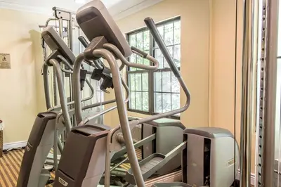 a row of treadmills and ellipticals in a gym at Quality Inn near Mountain Creek in Vernon
