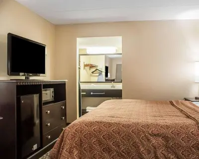 a bedroom with a bed and a tv and a mirror at Econo Lodge Elmira-Corning in Elmira
