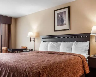 a hotel room with a bed and a desk at Econo Lodge Elmira-Corning in Elmira